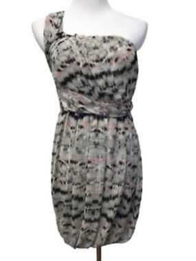 BCBGeneration One-Shoulder Printed Dress in Taupe, Black and Coral
